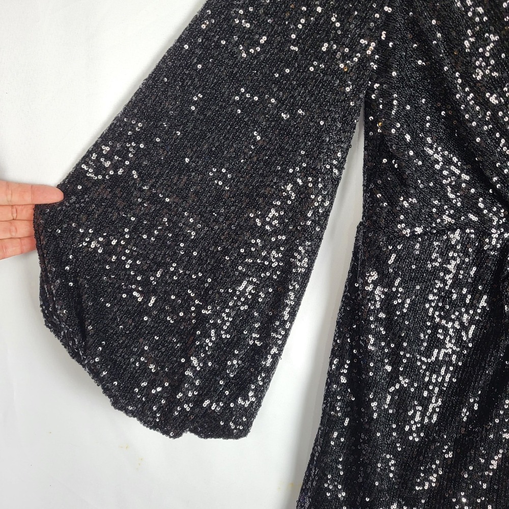 Eliza J Sequined Dress Women's 10 Black Faux Wrap Balloon Sleeves V Neck NWT - Picture 4 of 16